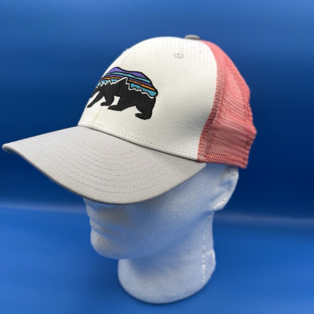 Patagonia Kids Trucker Hat Fitz Roy Bear Pink Gray OS Girls Snapback Mesh Cap